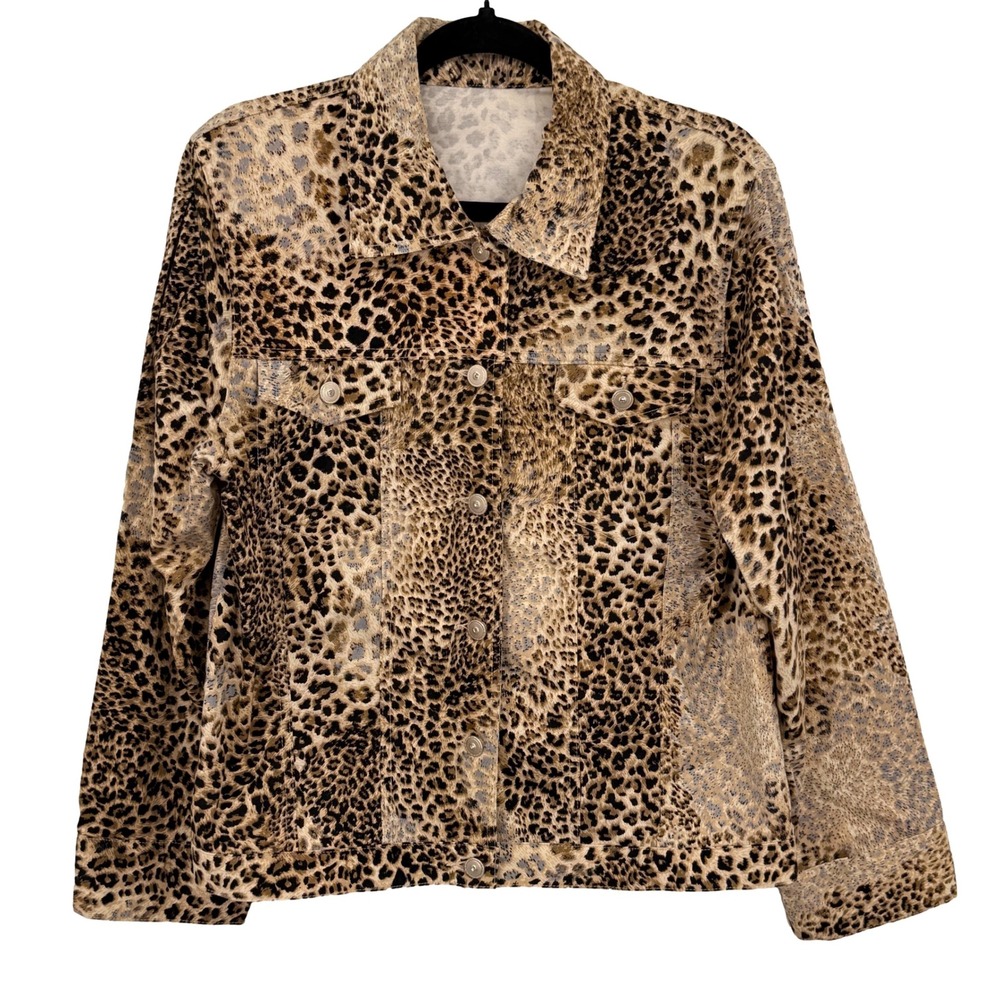 Jacket Women M Brown Black Leopard Print Trucker Style Stretch Button Front